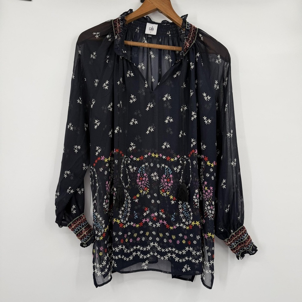 CAbi Enjoy Blouse Womens Large Blue Sheer Floral‎ Tassel Tie Chiffon Relaxed